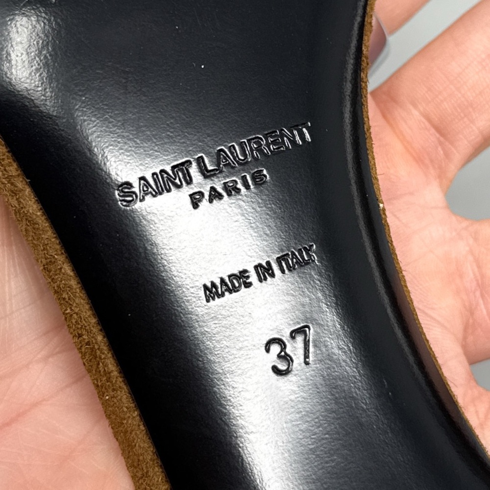 Saint Laurent Bea Bow Suede Square Toe Ankle Wrap Strap Sandal Heels Brown 37 - Picture 11 of 14